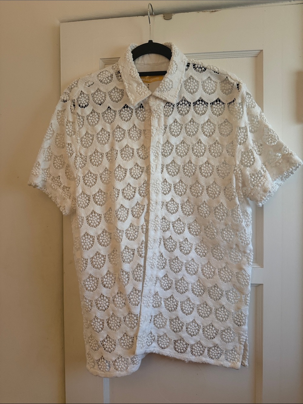 Men's White Lace Short-Sleeve Button-Down Shirt